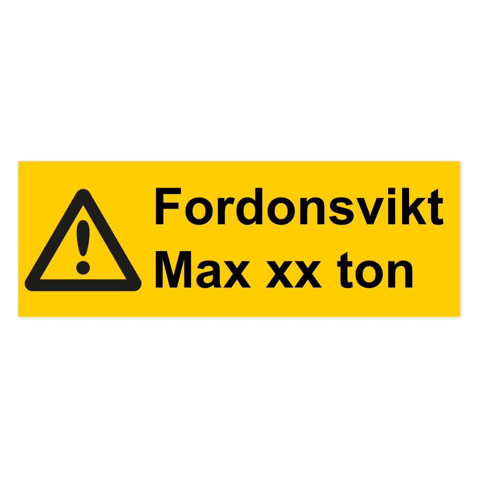 Varning, fordonsvikt max (ton)-skylten har storleken 420x148mm och tillverkas i materialet Dekal. Denna standardskylt kan anpassas så att du kan skapa din egen version av skylten.