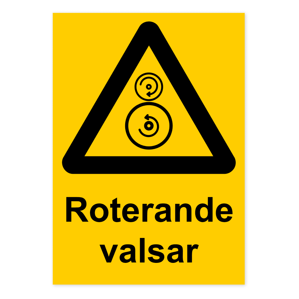 Varning för roterande valsar-skylten har storleken 210x297mm och tillverkas i materialet Dekal. Denna standardskylt kan anpassas så att du kan skapa din egen version av skylten.