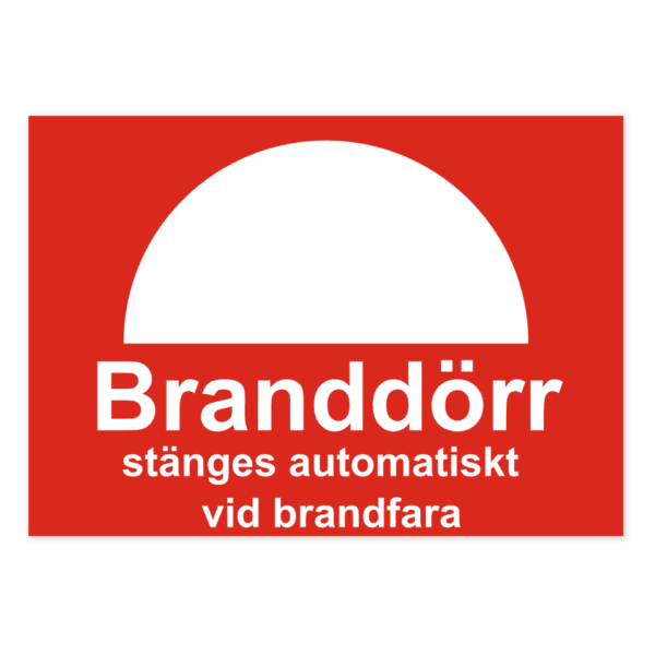 Branddörr stänges automatiskt vid brandfara-skylten har storleken 297x210mm och tillverkas i materialet Aluminium 0.7mm. Denna standardskylt kan anpassas så att du kan skapa din egen version av skylten.